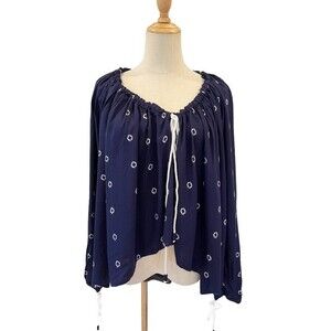 Solito Navy Blue/White Batik Gathered Top Oversized XS Casual Blousy